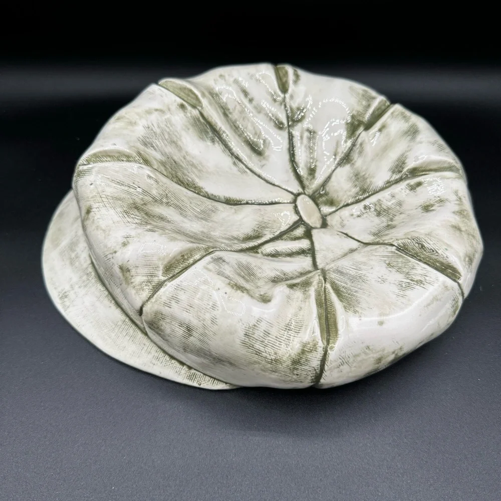 Ceramic Pageboy Newsie Cap for Decor or Trinkets in Green and White 10in